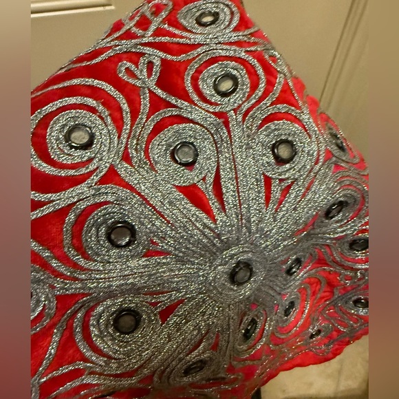 Red Velvet Pillow Cover Pair with Silver Embroidered Design - Picture 2 of 4